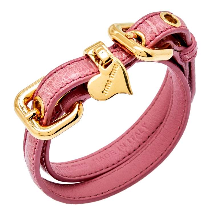 Pre Owned Miu Miu Pink Leather Detachable Strap Double Wrap Bracelet