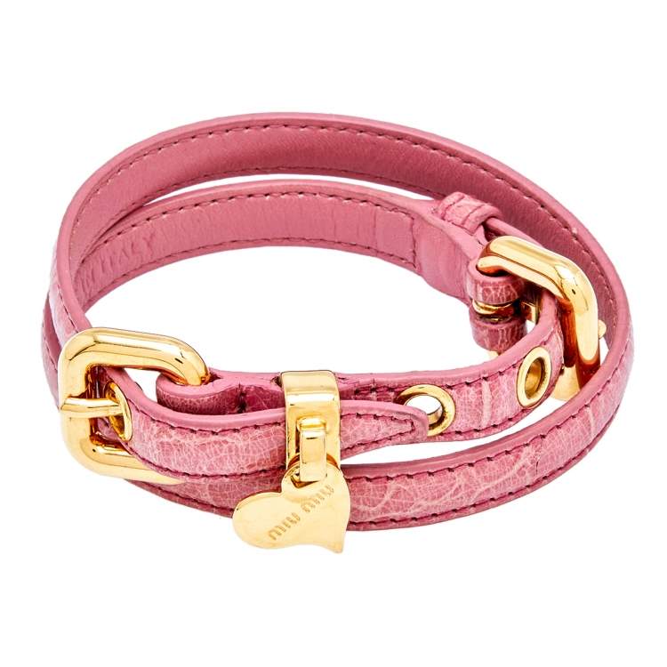 Pre Owned Miu Miu Pink Leather Detachable Strap Double Wrap Bracelet