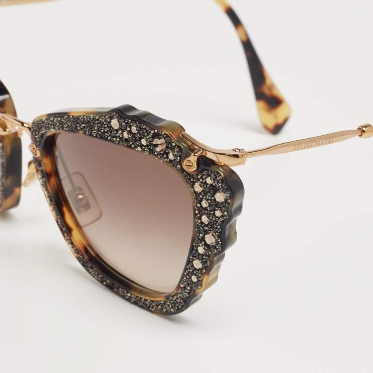Pre Owned Miu Miu Tortoise SMU 04Q Embellished Cat Eye Sunglasses