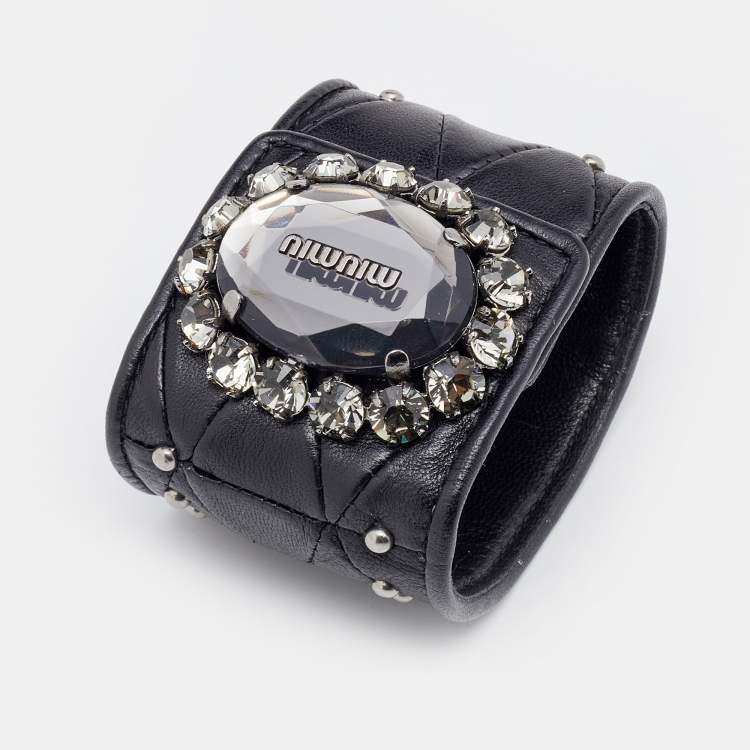 Pre Owned Miu Miu Black Quilted Leather Crystal Charm Wide Cuff Bracelet