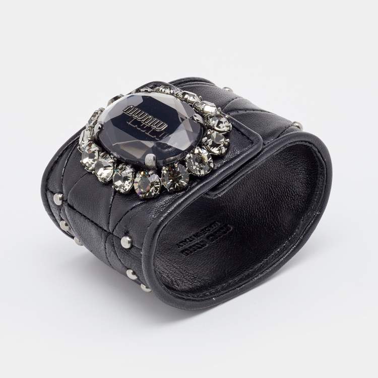 Pre Owned Miu Miu Black Quilted Leather Crystal Charm Wide Cuff Bracelet