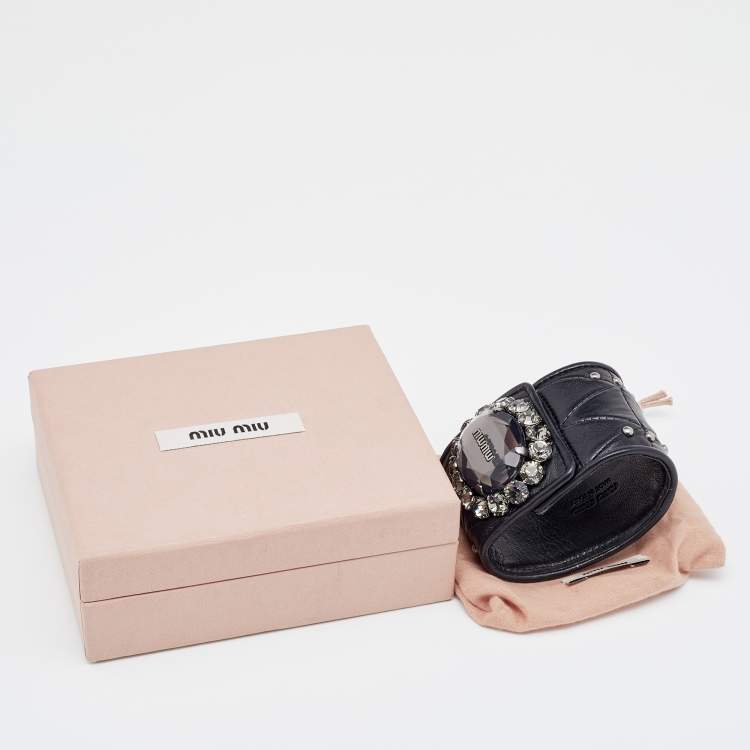 Pre Owned Miu Miu Black Quilted Leather Crystal Charm Wide Cuff Bracelet