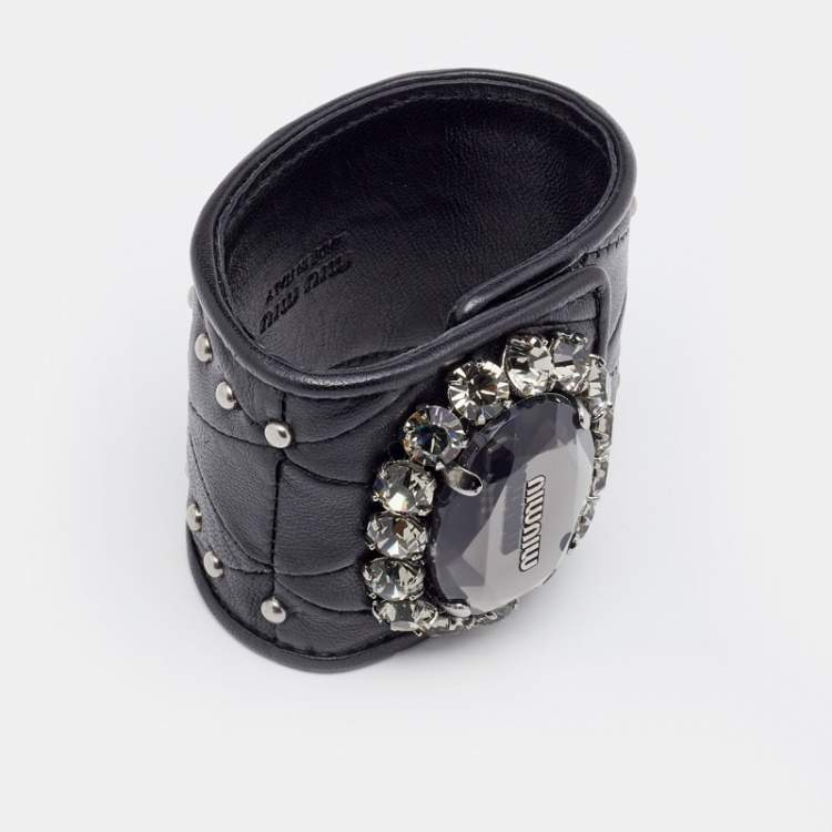 Pre Owned Miu Miu Black Quilted Leather Crystal Charm Wide Cuff Bracelet
