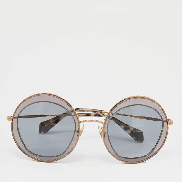 Pre Owned Miu Miu Grey/Gold SMU 50Q Round Sunglasses