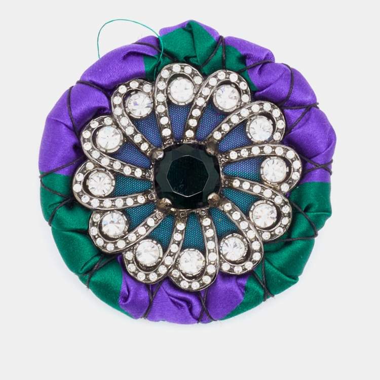 Pre Owned Miu Miu Purple & Green Satin Crystal Embellished Round Brooch