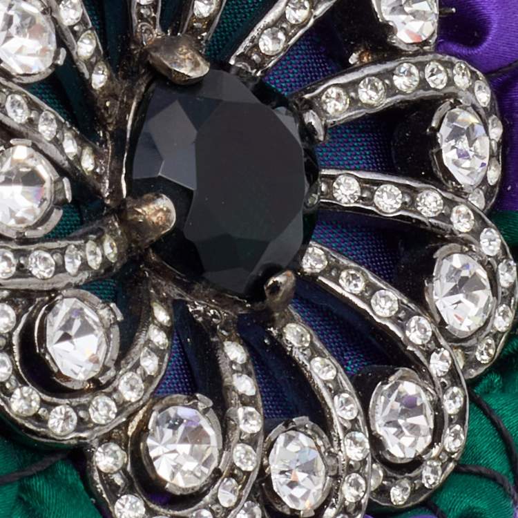 Pre Owned Miu Miu Purple & Green Satin Crystal Embellished Round Brooch
