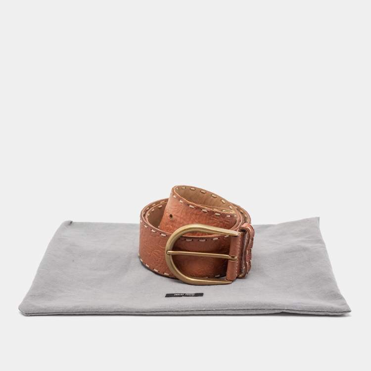 Pre Owned Miu Miu Brown Floral Embossed Leather Buckle Belt 80 CM