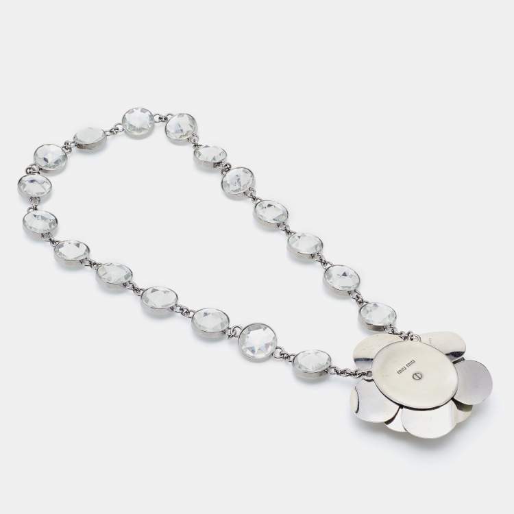 Pre Owned Miu Miu Silver Tone Crystal Resin Flower Pendant Necklace