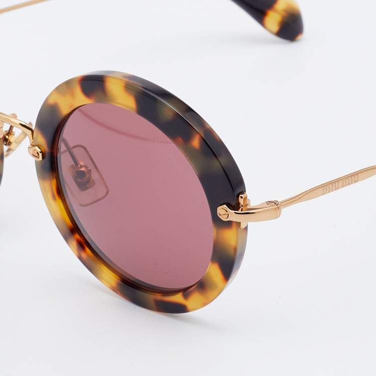 Pre Owned Miu Miu Brown Havana/Red SMU13N Round Sunglasses