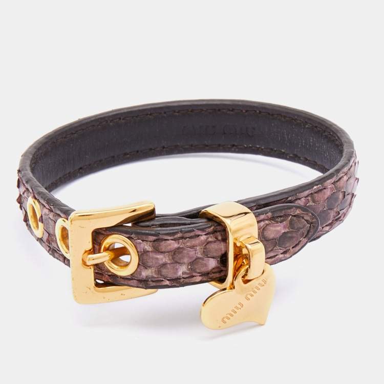 Pre Owned Miu Miu Purple Embossed Leather Heart Charm Bracelet 