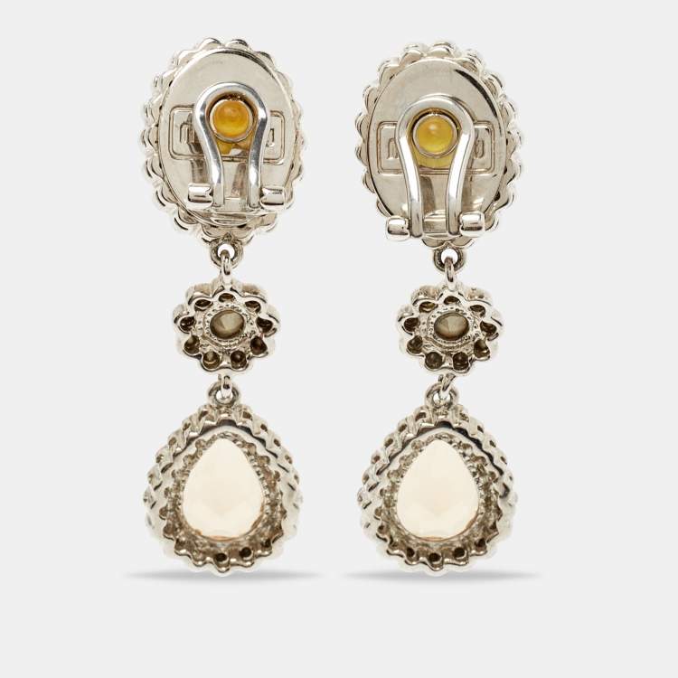 Pre Owned Miu Miu Silver Tone Crystal Drop Clip-On Earrings 
