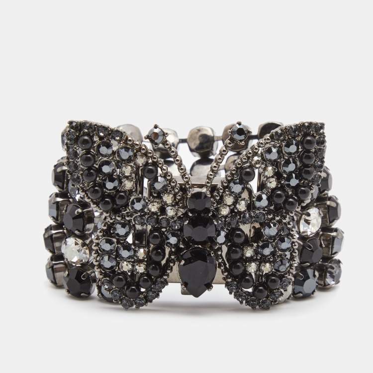 Pre Owned Miu Miu  Crystal Embellished Butterfly Gunmetal Tone Multi Strand Bracelet 