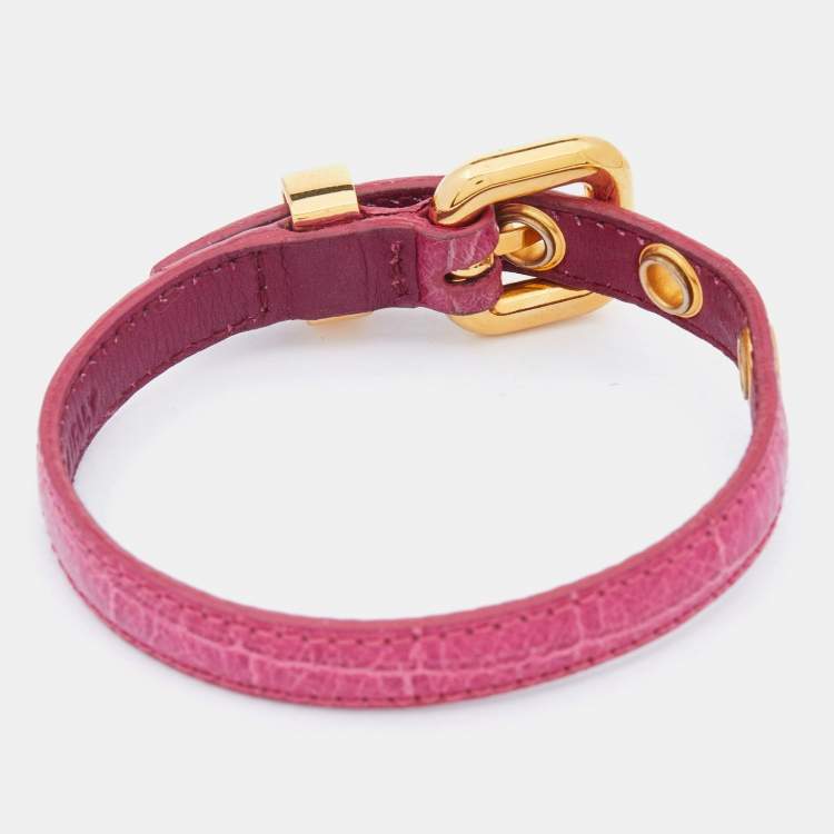 Pre Owned Miu Miu Pink Crackled Leather Heart Charm Bracelet 