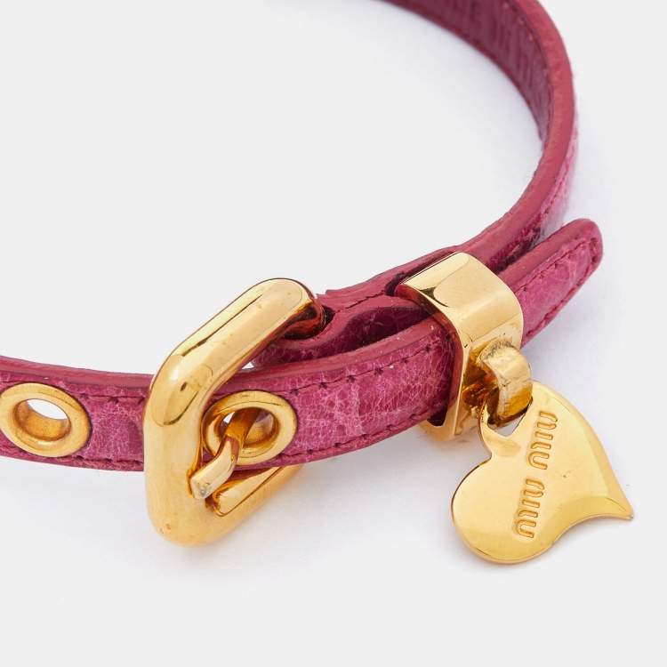 Pre Owned Miu Miu Pink Crackled Leather Heart Charm Bracelet 
