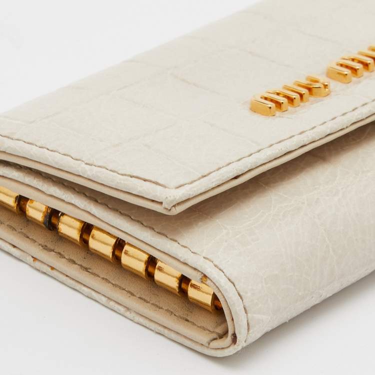 Pre Owned Miu Miu Cream Croc Embossed Leather Case Key Holder