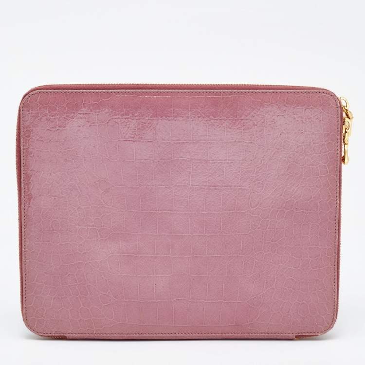Pre Owned Miu Miu Pink Croc Embossed Patent Leather Zip Around iPad Cover