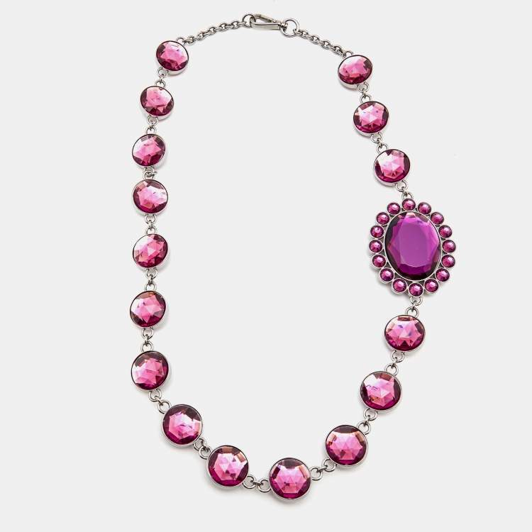 Pre Owned Miu Miu Pink Resin Silver Tone Station Necklace