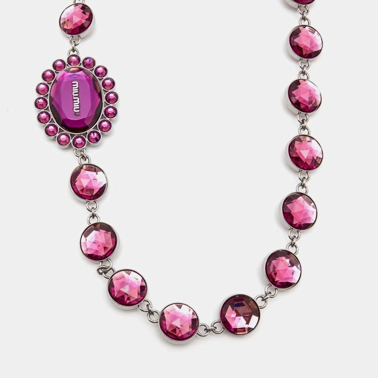 Pre Owned Miu Miu Pink Resin Silver Tone Station Necklace