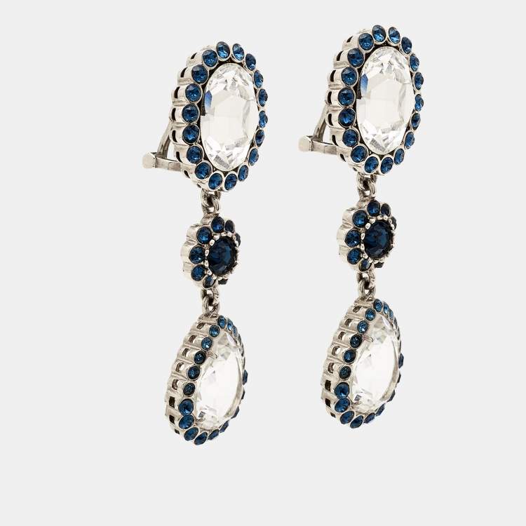 Pre Owned Miu Miu Bicolor Crystals Silver Tone Dangle Clip-on Earrings 