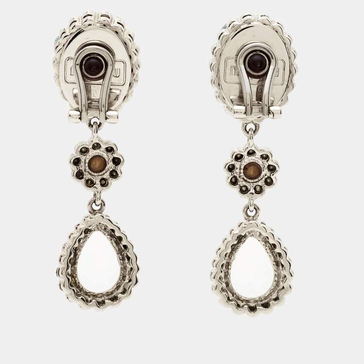 Pre Owned Miu Miu Bicolor Crystals Silver Tone Dangle Clip-on Earrings 