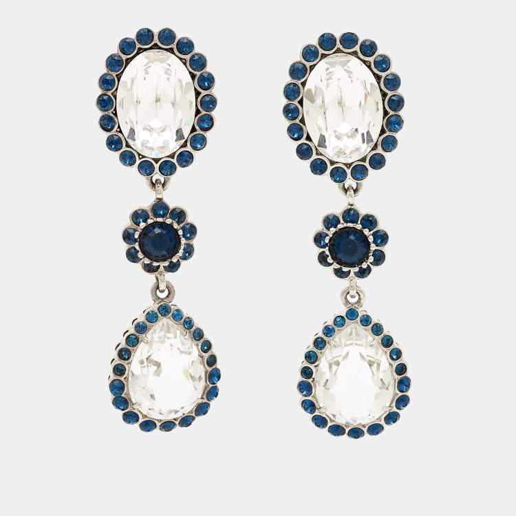 Pre Owned Miu Miu Bicolor Crystals Silver Tone Dangle Clip-on Earrings 