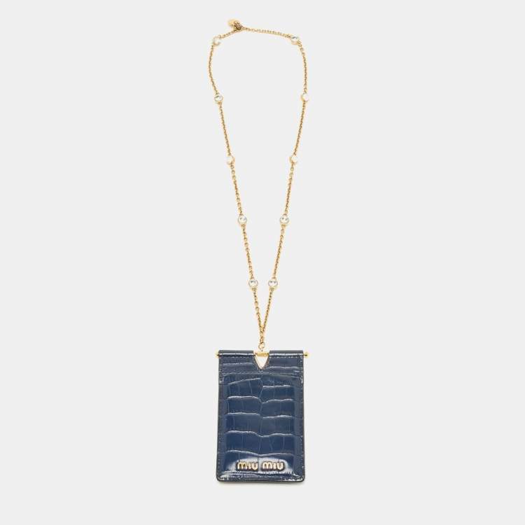 Pre Owned Miu Miu Navy Blue Croc Embossed Leather Chain Crystals Badge Holder