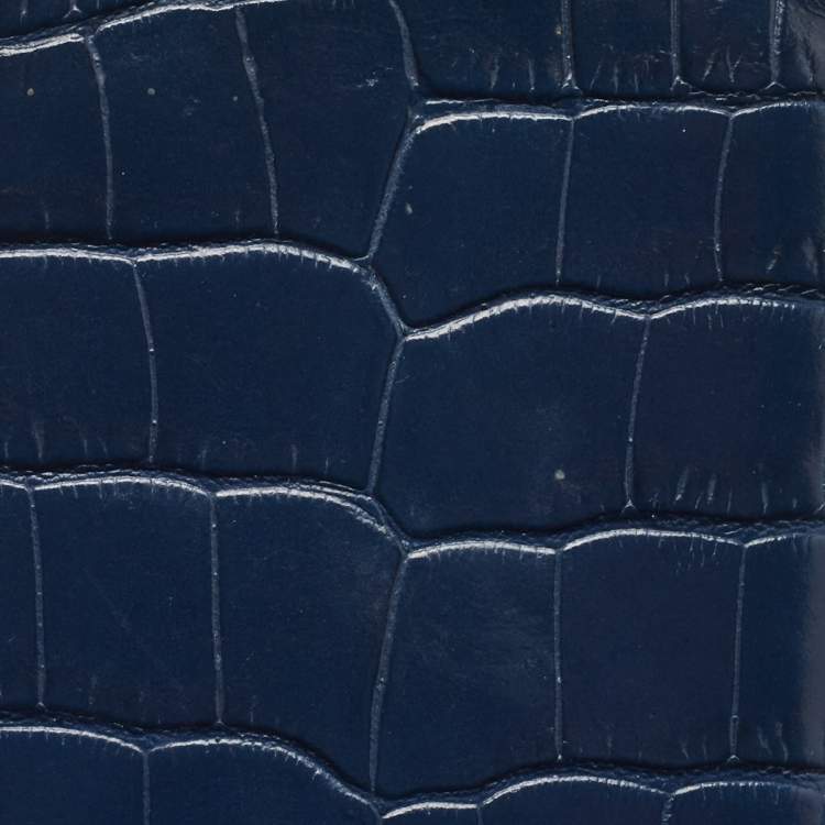 Pre Owned Miu Miu Navy Blue Croc Embossed Leather Chain Crystals Badge Holder