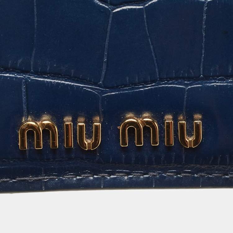 Pre Owned Miu Miu Navy Blue Croc Embossed Leather Chain Crystals Badge Holder