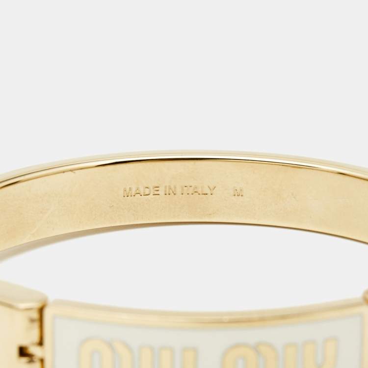 Pre Owned Miu Miu White Logo Print Enamel Gold Tone Bracelet 