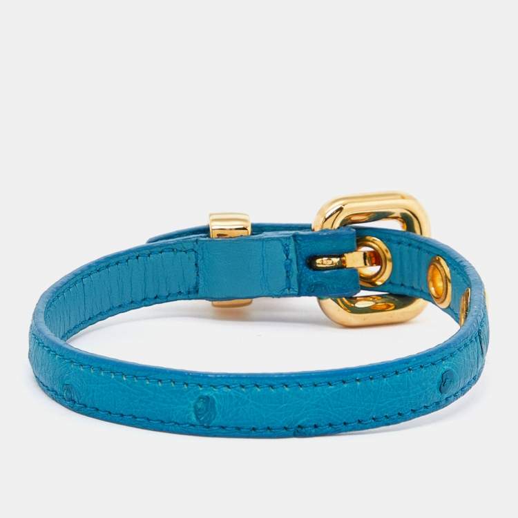 Pre Owned Miu Miu Blue Leather Gold Tone Heart Charm Bracelet