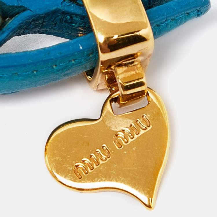 Pre Owned Miu Miu Blue Leather Gold Tone Heart Charm Bracelet