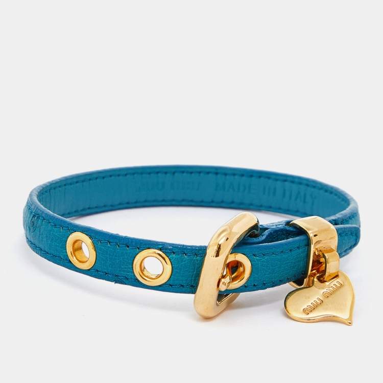 Pre Owned Miu Miu Blue Leather Gold Tone Heart Charm Bracelet