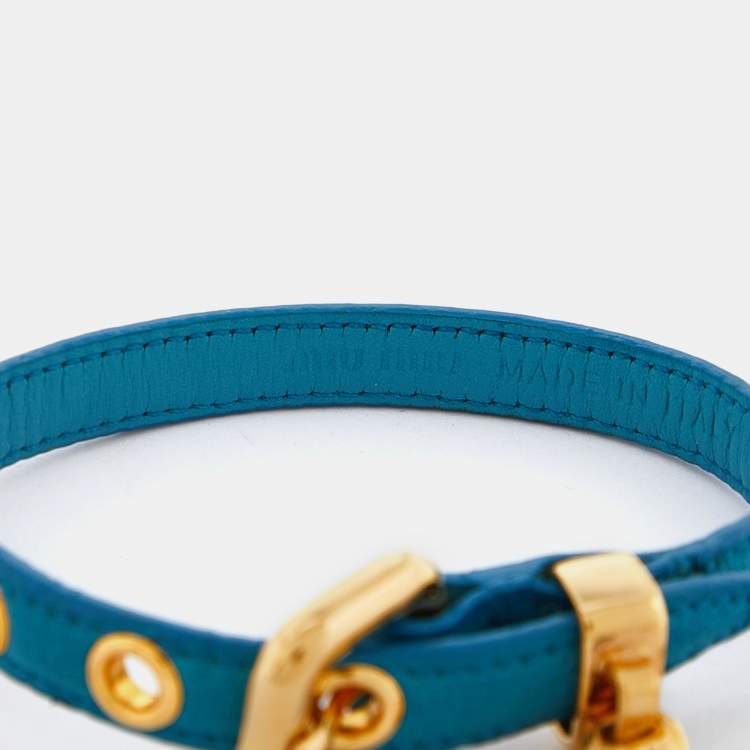 Pre Owned Miu Miu Blue Leather Gold Tone Heart Charm Bracelet