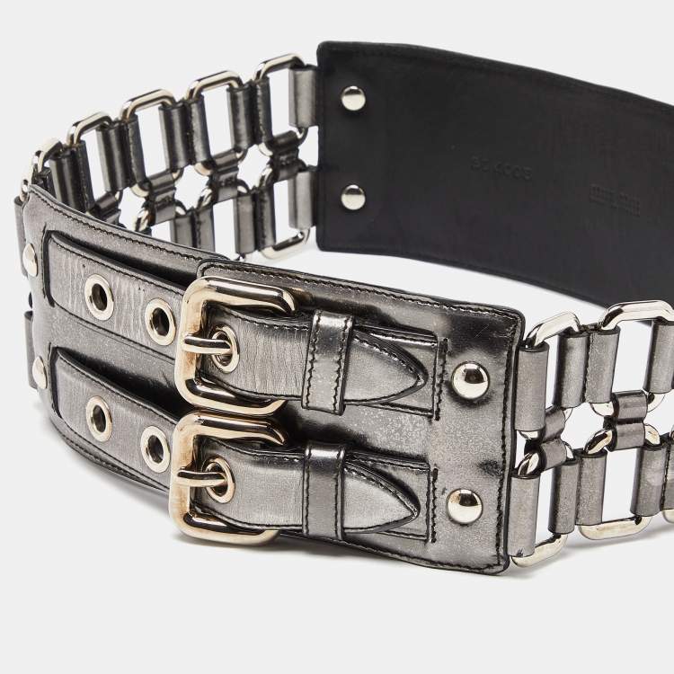 Pre Owned Miu Miu Metallic Silver Leather Ring Wide Waist Belt 75CM