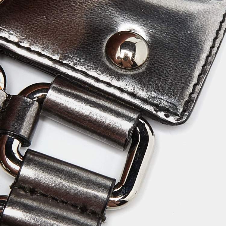 Pre Owned Miu Miu Metallic Silver Leather Ring Wide Waist Belt 75CM