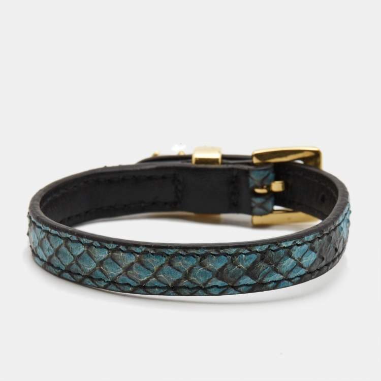 Pre Owned Miu Miu Leather Crystal Gold Tone Bracelet