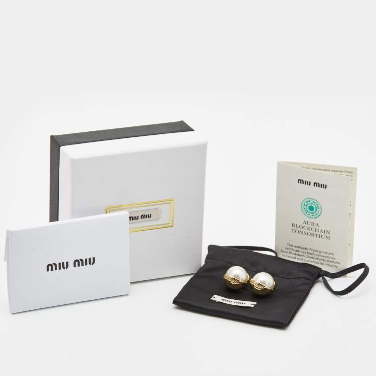 Pre Owned Miu Miu Logo Faux Pearl Gold Tone Earrings