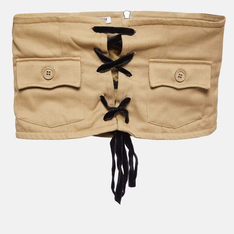 Pre Owned Miu Miu Khaki Brown Gabardine Lace-Up Crop Corset Top S