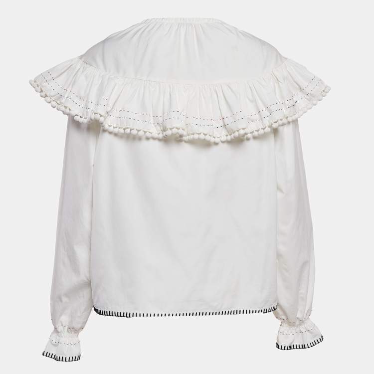 Pre Owned Miu Miu Off-White Contrast Stitch Poplin Ruffled Blouse M