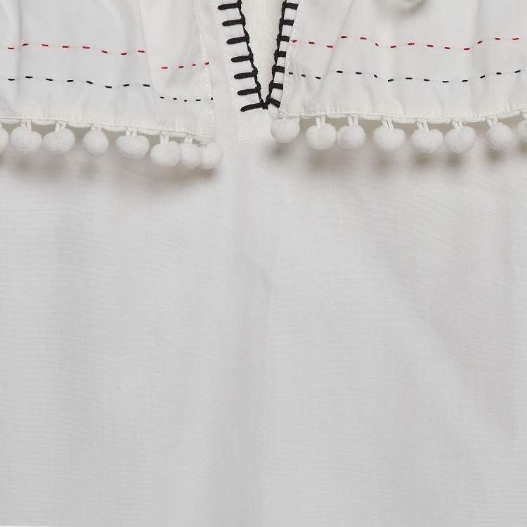 Pre Owned Miu Miu Off-White Contrast Stitch Poplin Ruffled Blouse M