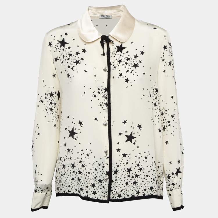 Pre Owned Miu Miu Off-White Stars Print Silk Embellished Closure Shirt L