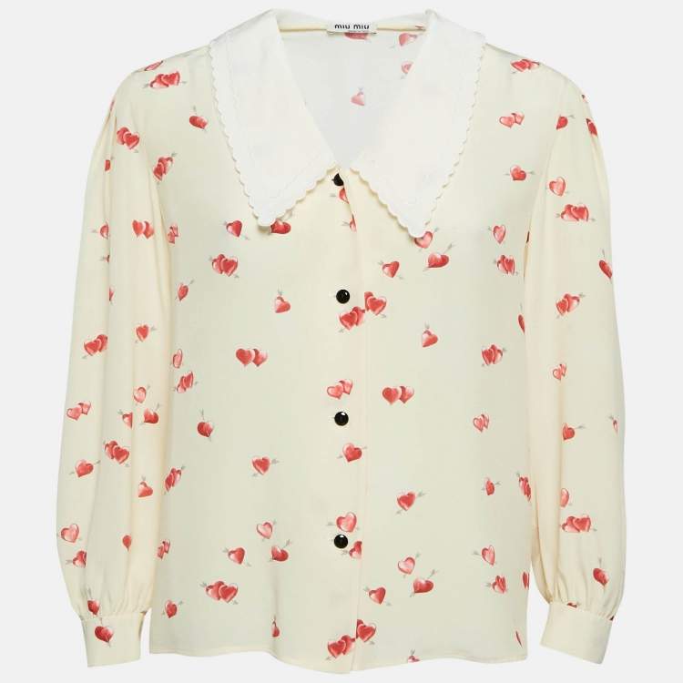Pre Owned Miu Miu Yellow Heart Print Silk Scallop Trim Collar Shirt S