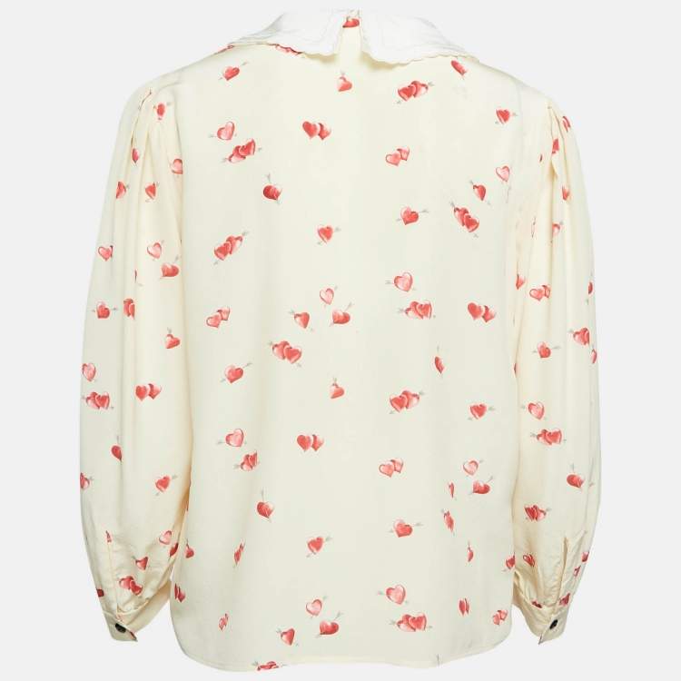 Pre Owned Miu Miu Yellow Heart Print Silk Scallop Trim Collar Shirt S