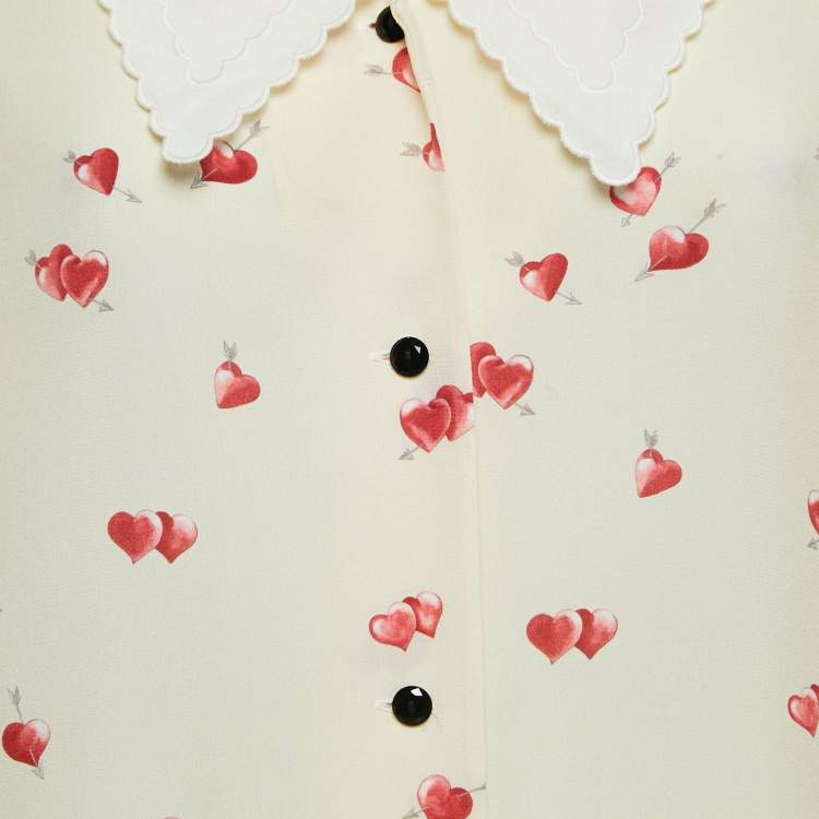 Pre Owned Miu Miu Yellow Heart Print Silk Scallop Trim Collar Shirt S
