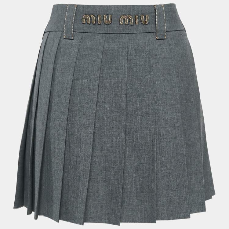 Pre Owned Miu Miu Grey Virgin Wool Pleated Mini Skirt M