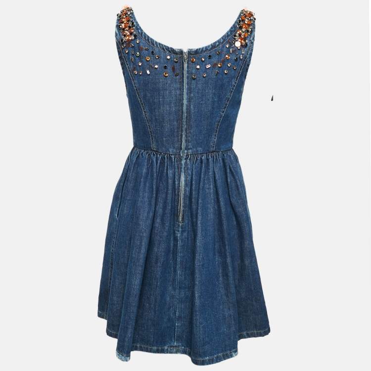 Pre Owned Miu Miu Blue Crystals Embellished Denim Sleeveless Mini Dress S