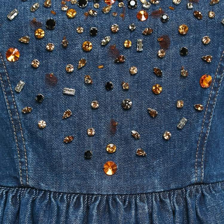 Pre Owned Miu Miu Blue Crystals Embellished Denim Sleeveless Mini Dress S