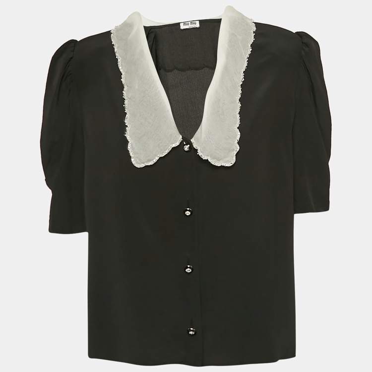 Pre Owned Miu Miu Black Silk Embellished Chelsea Collar Blouse S