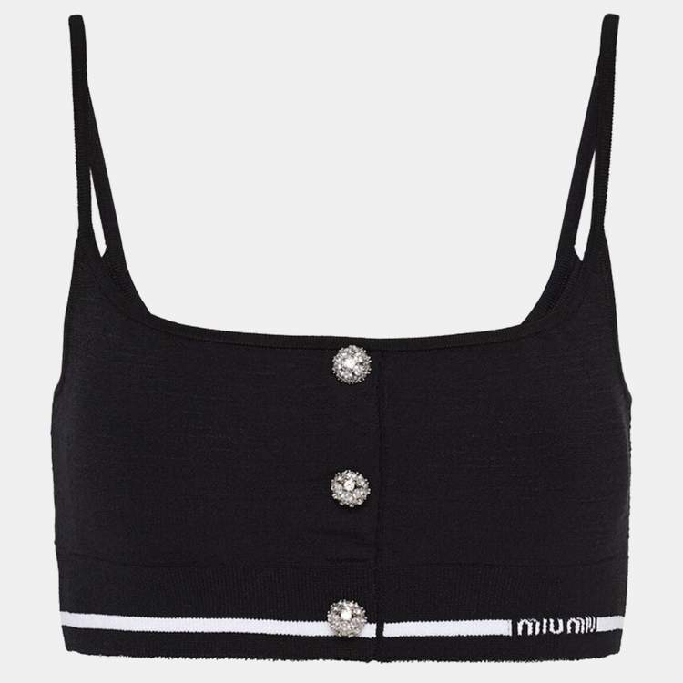 Pre Owned Miu Miu Black Crystal Embellished Button Stretch Knit Crop Top S