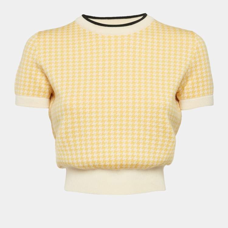 مملوكة مسبقًا Miu Miu Yellow Houndstooth Knit Crew Neck Top S